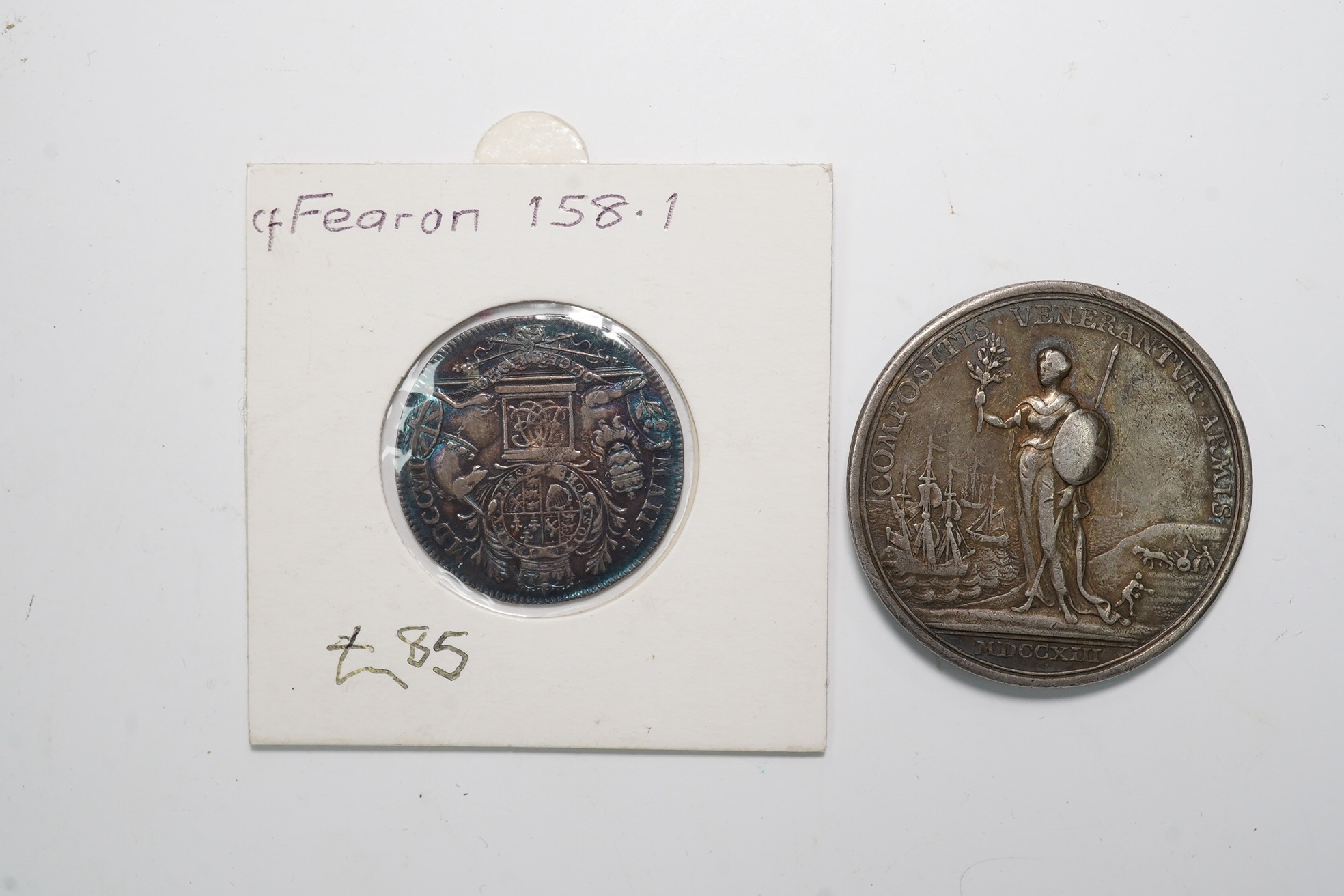 British Historical medals, Anne (1702-1714), Peace of Utrecht, 1713, a silver medal by J. Croker, 35mm, (MI ii, 400/257; E. 460), near VF, and Union of England and Scotland, 1707, a silver medal, 26mm, contemporary copy